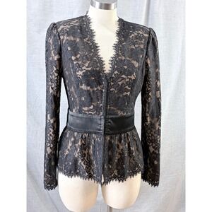 Boston Proper Black Floral Lace Peplum Blouse V-Neck Top Satin Waist